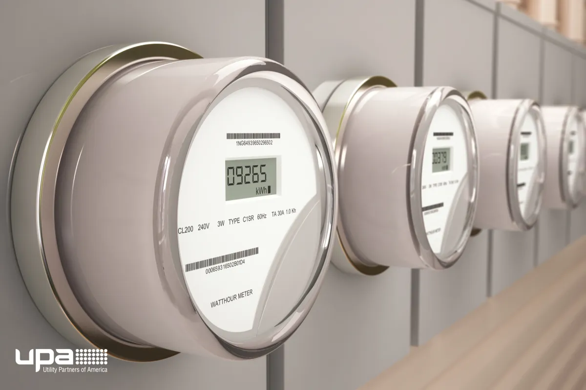 A row of electric smart meters mounted on a wall