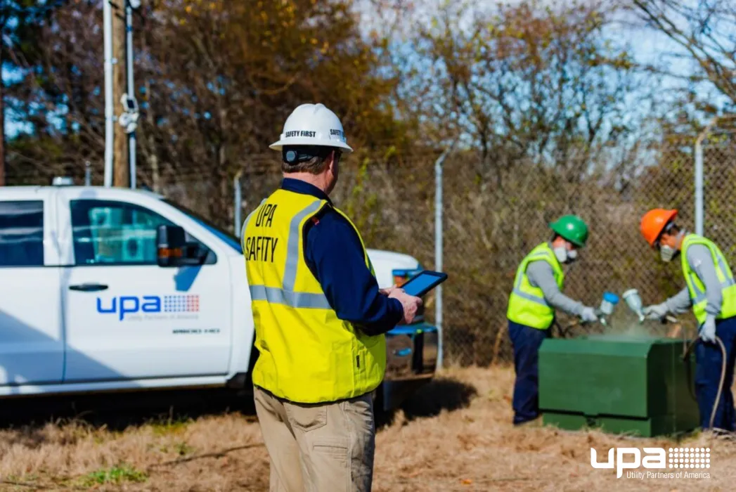A UPA safety staff member with a tablet beside crew members working at a ground-level equipment cabinet